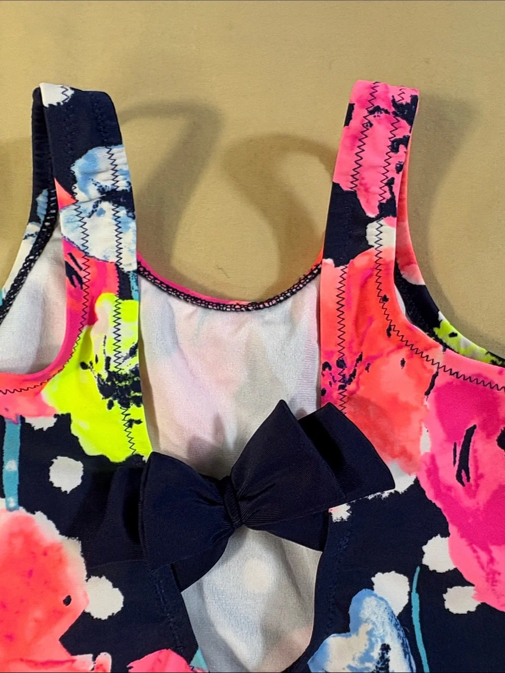 OshKosh‎ B'gosh NWT Navy Blue Polka Dot Neon Floral One Piece Swimsuit Girls 18M